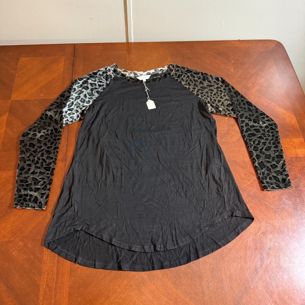 Women's‎ Animal Print Top Black Velvet Leopard Sleeve Casual Fall Shirt M